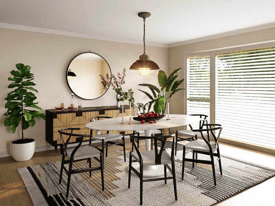 An elegant dining room with a textured dining room rug.