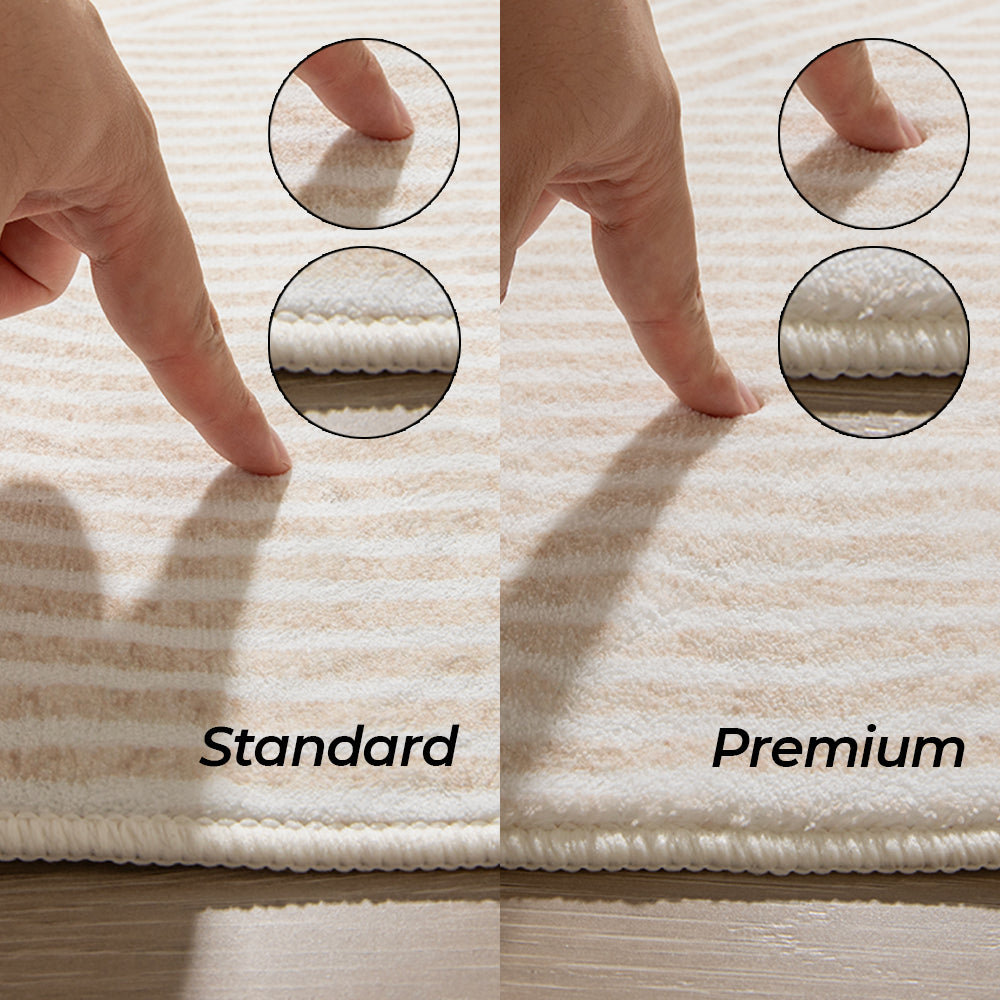 Comparison of standard and premium edges of light beige washable rugs