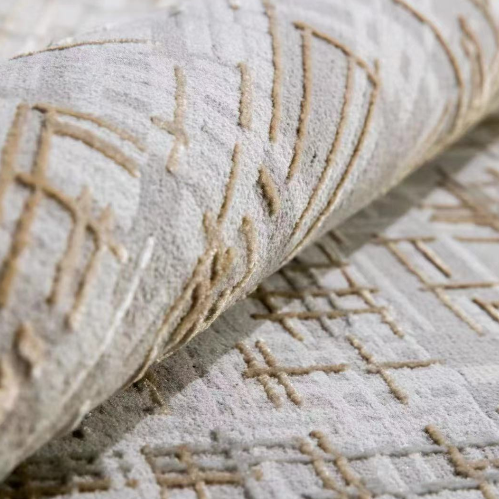 Textured gray and beige Hidden Serenity Stripes Woven Rug, perfect for modern decor.