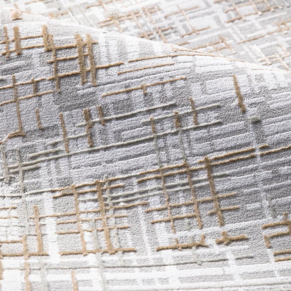 Detail of Hidden Serenity Stripes Woven Rug in gray and beige, featuring modern design.