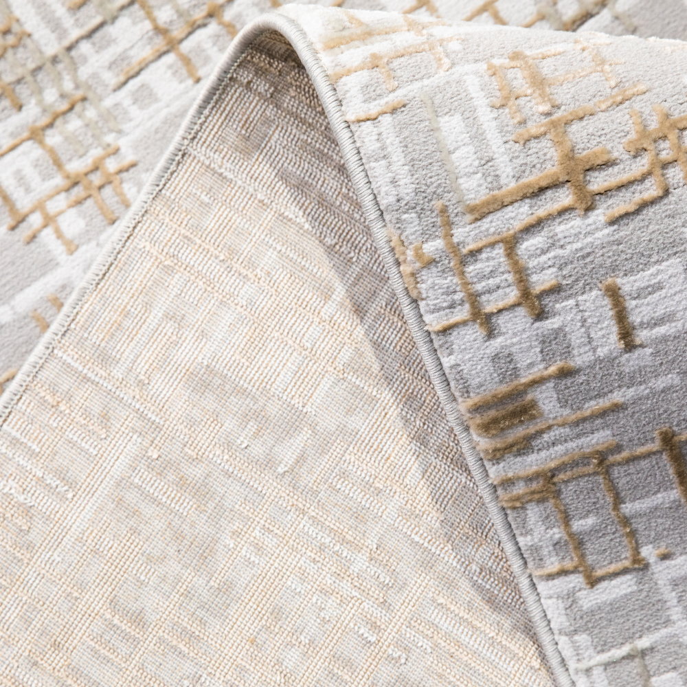 Close-up of gray and beige Hidden Serenity Stripes Woven Rug with modern design.