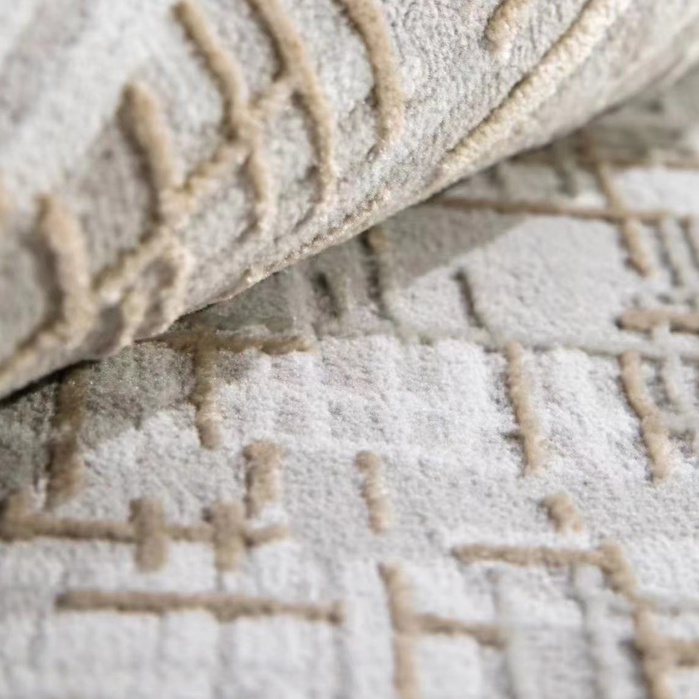 Close-up of Hidden Serenity Stripes Woven Rug showcasing gray and beige textures.