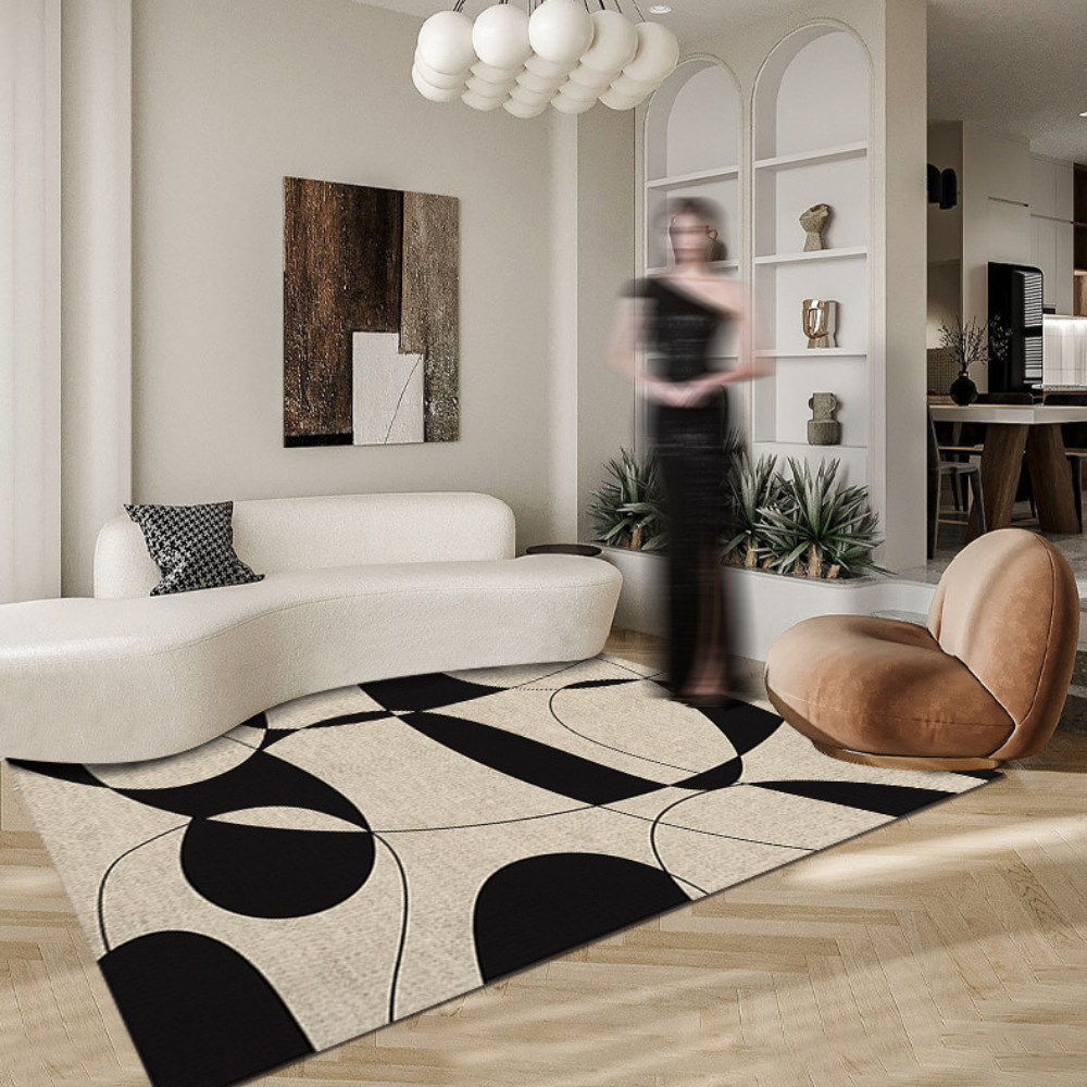 Black and beige Vortex geometric washable rug in contemporary living room