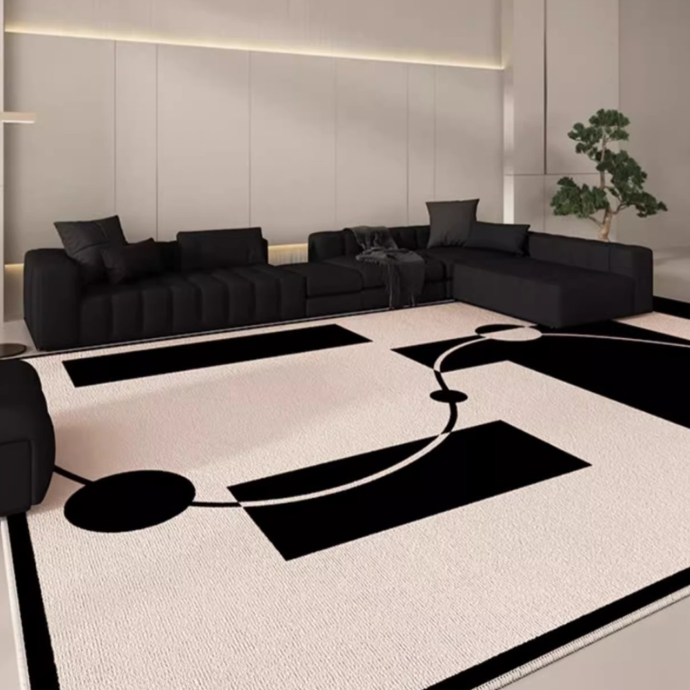 Geometric black and beige rug enhancing modern living room decor