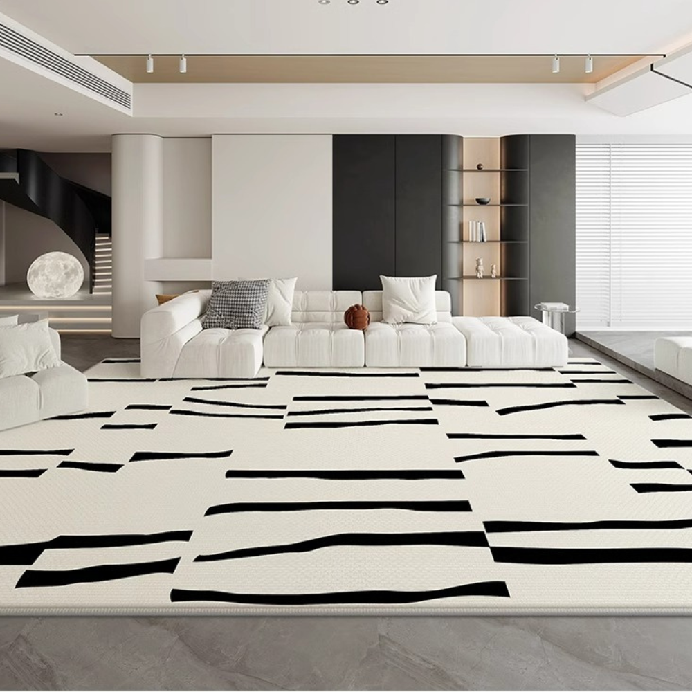 Black and cream striped washable rug in modern living room decor