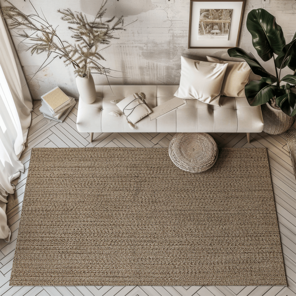 Tan hand-braided indoor/outdoor rug enhancing a cozy living room design.