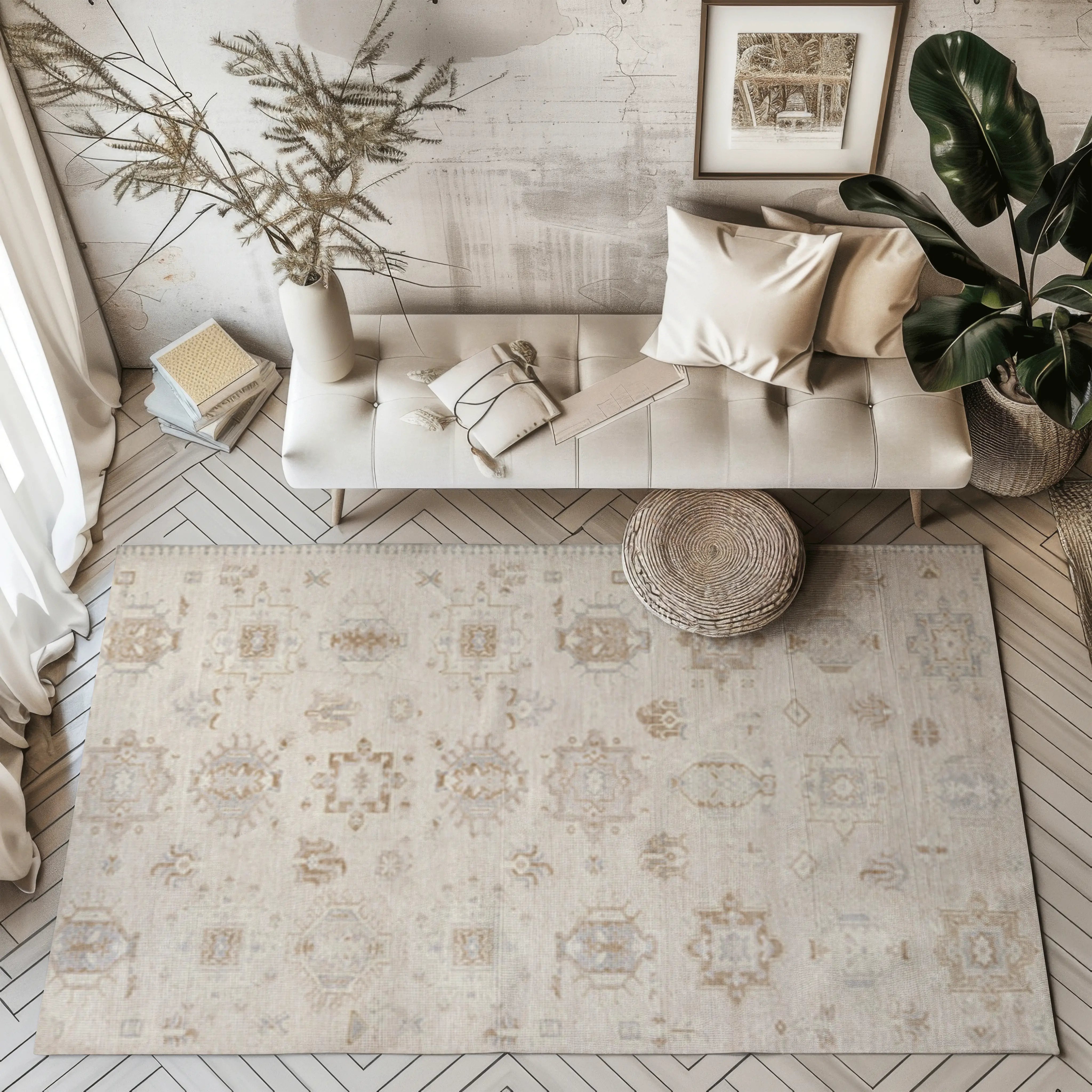 Serenity Bloom Print Rug in beige with Persian patterns, stylish and machine-washable.