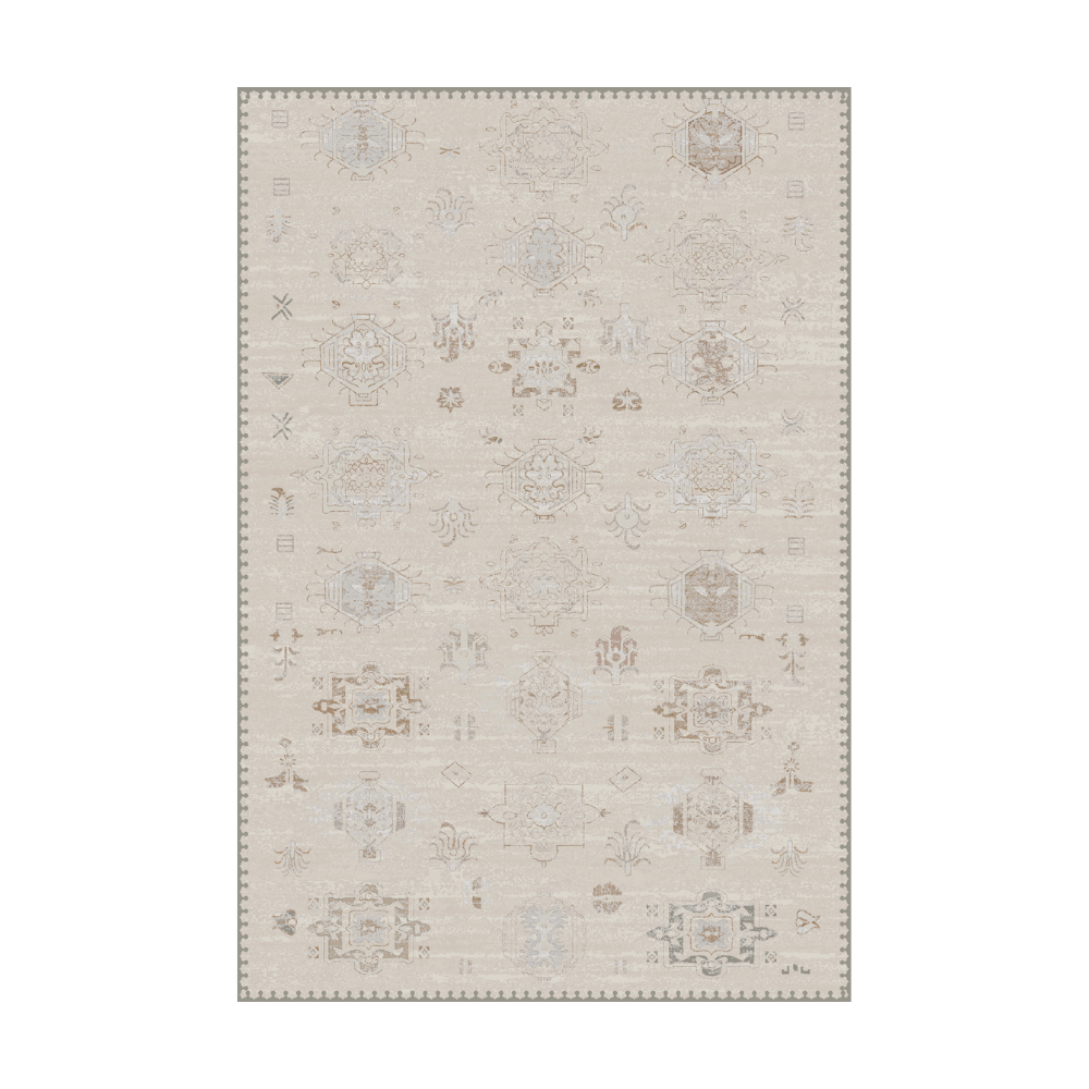 Beige Serenity Bloom Print Rug with Persian patterns, water-resistant and washable.