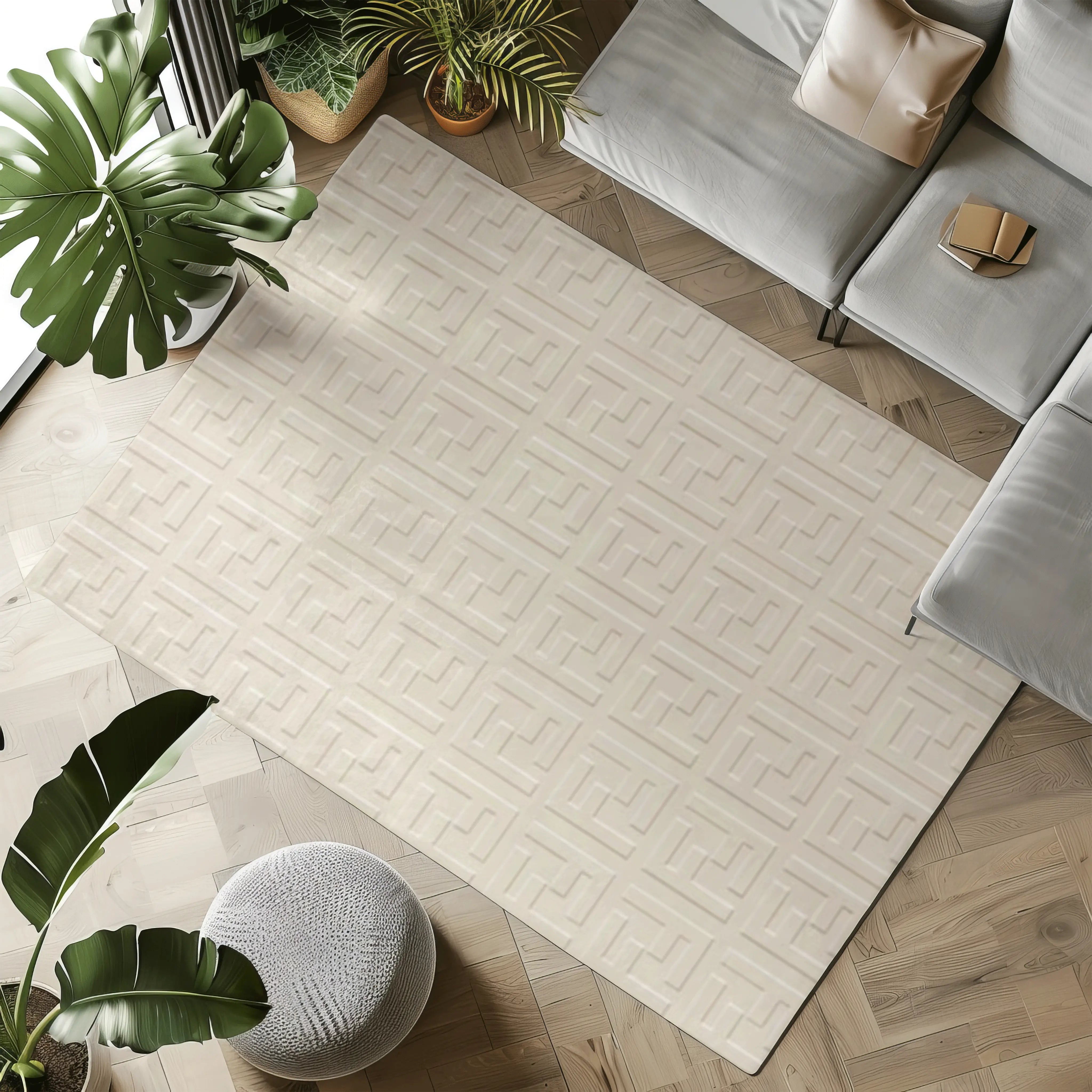 Geometric cream Sunset Path Solid Rug enhancing modern living room decor