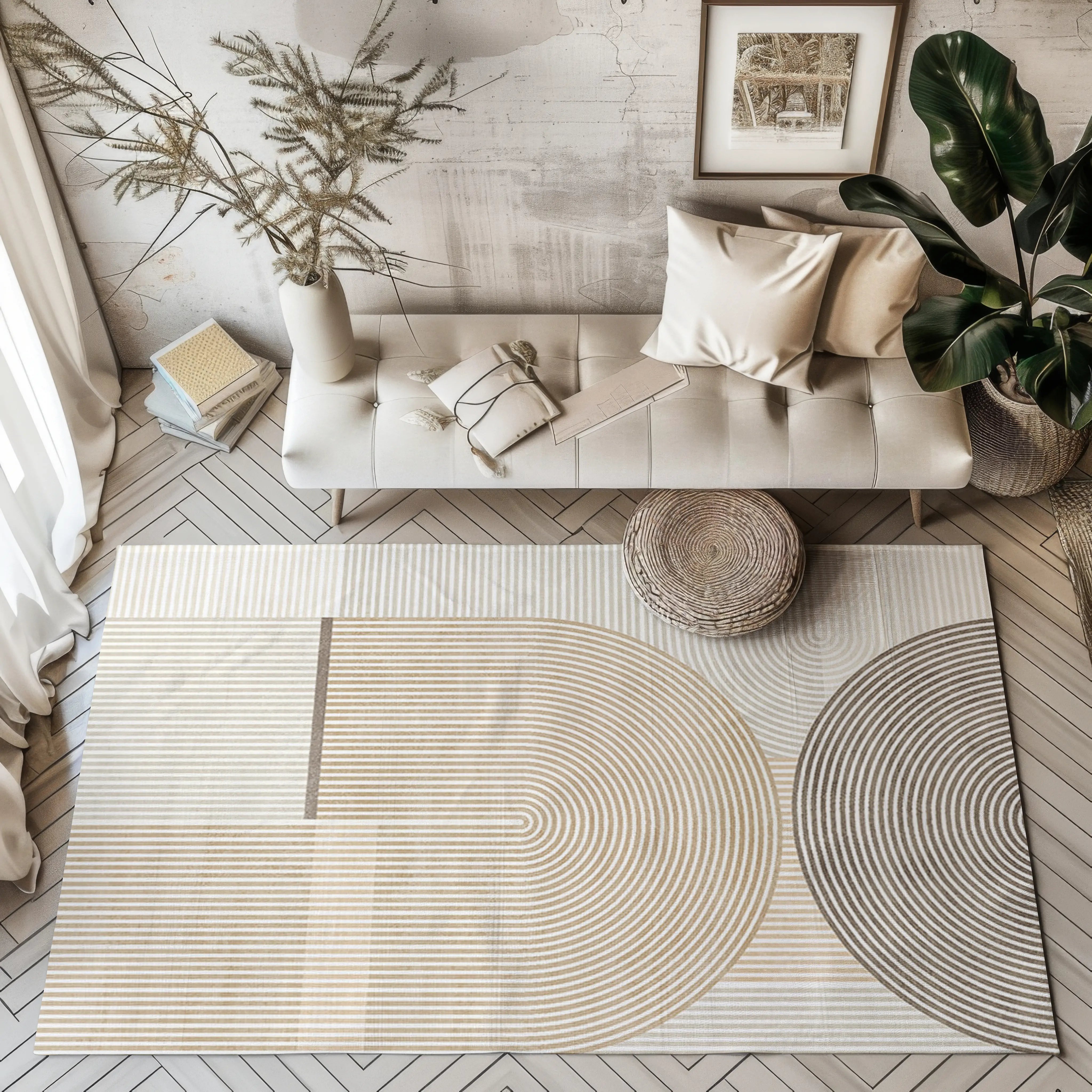 Zen Ripples geometric rug with abstract curved lines in modern living room setting