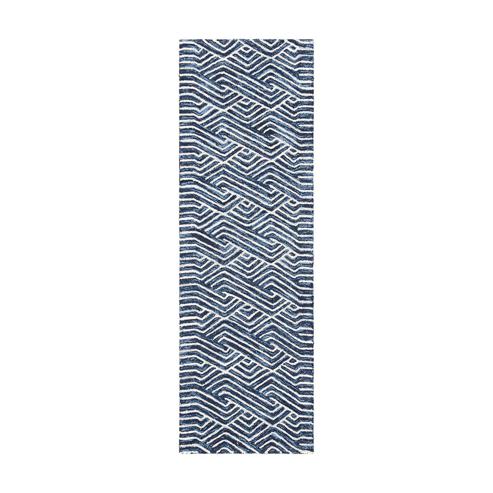 Navy and white runner rug with wavy geometric design for contemporary spaces.