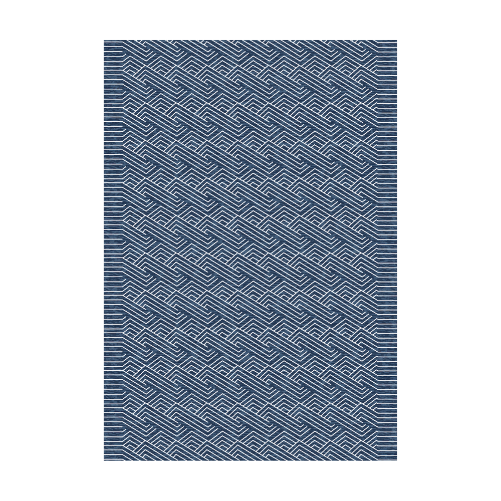 Blue geometric rug with white zigzag pattern for modern home decor