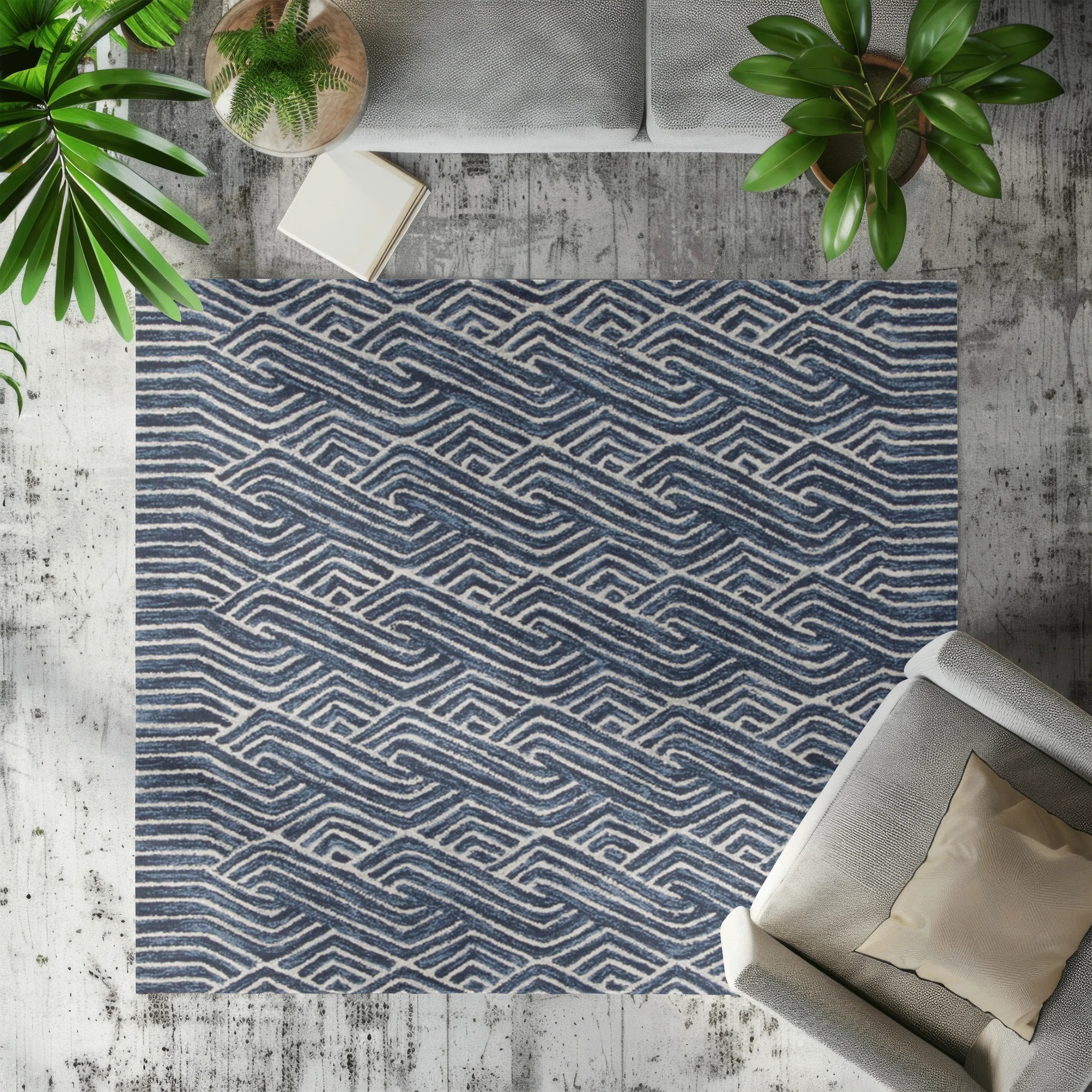 Navy blue geometric rug with wavy pattern, perfect for modern living spaces.