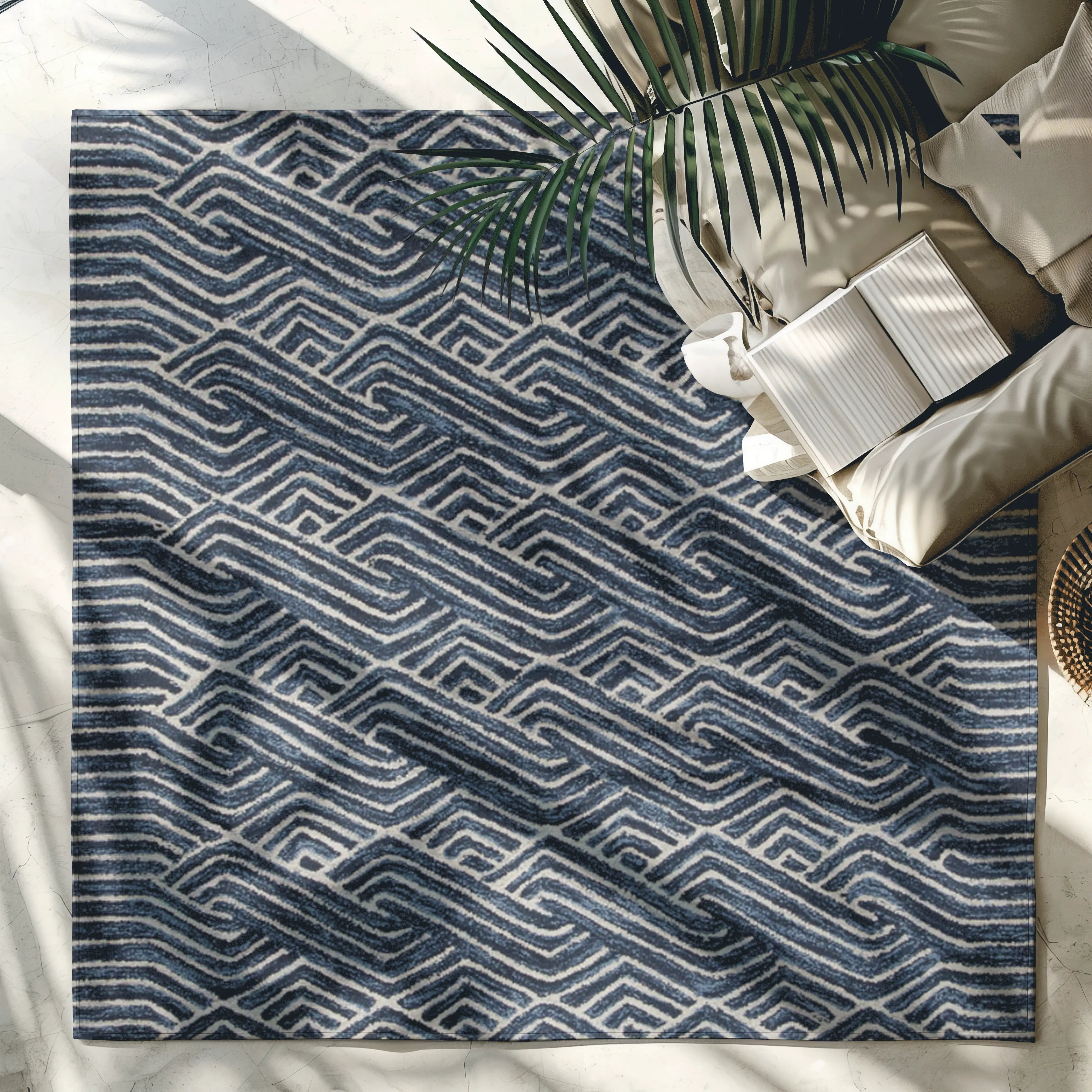 Navy blue rug with wave pattern, ideal for contemporary home interiors.