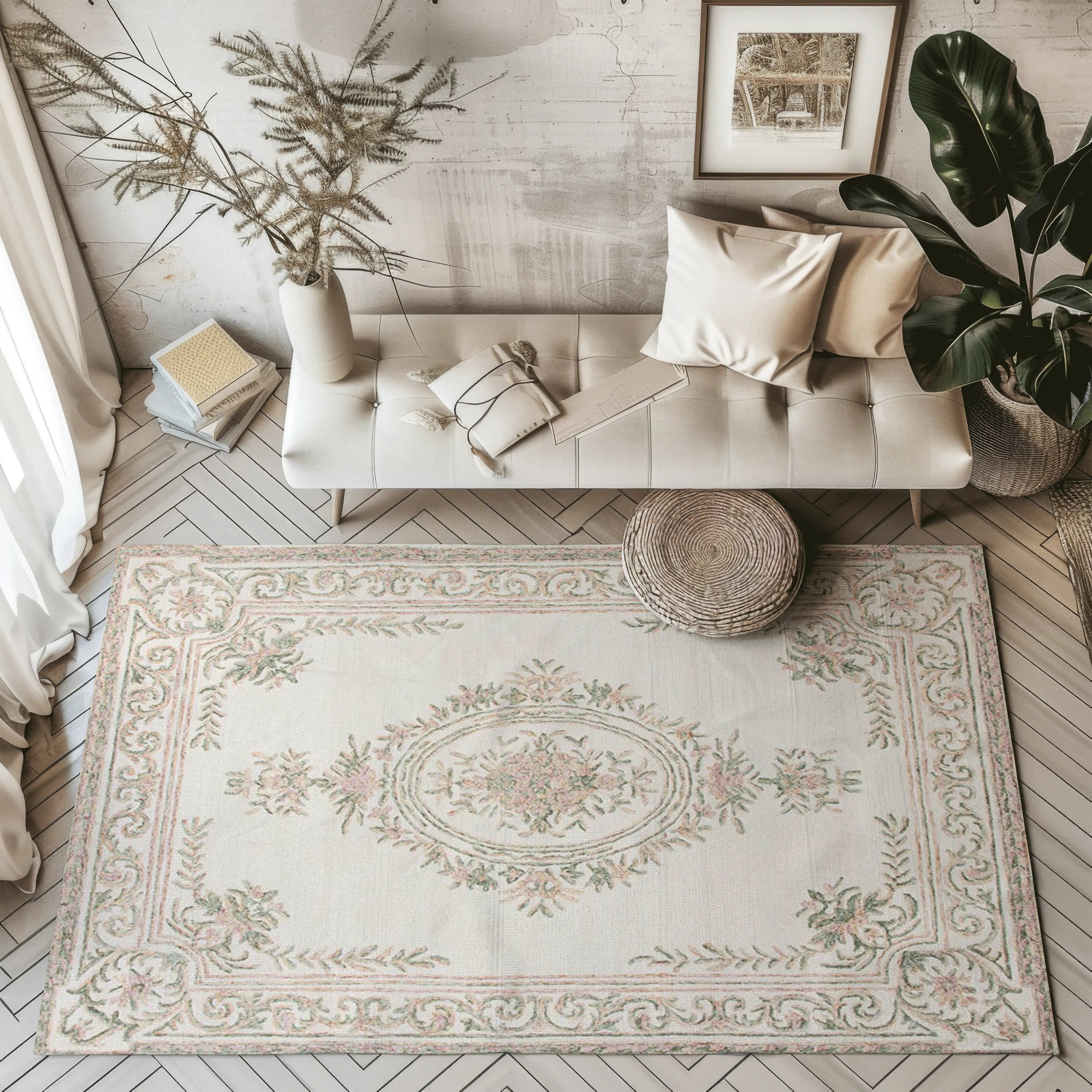 Floral design classical rug enhancing a modern living room aesthetic