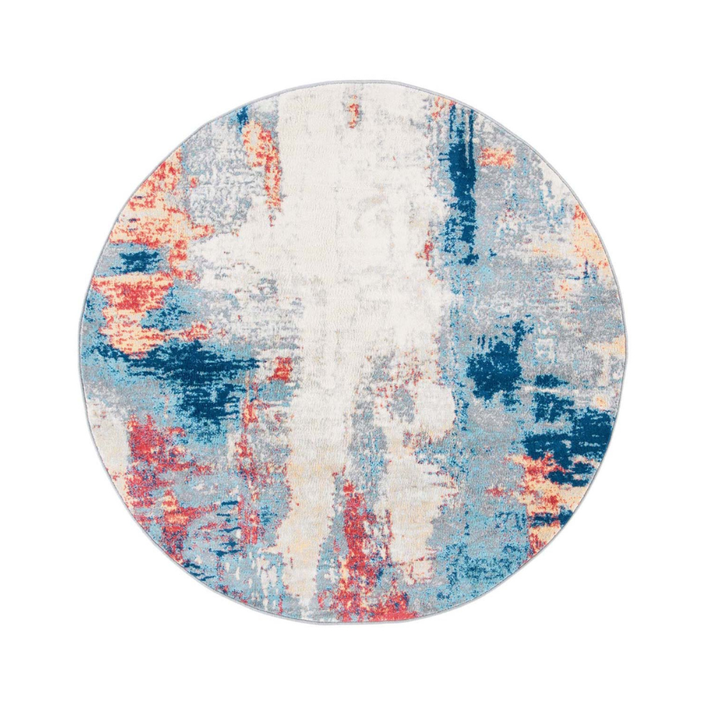 Vibrant round washable rug with blue, red, and beige abstract patterns for contemporary decor.