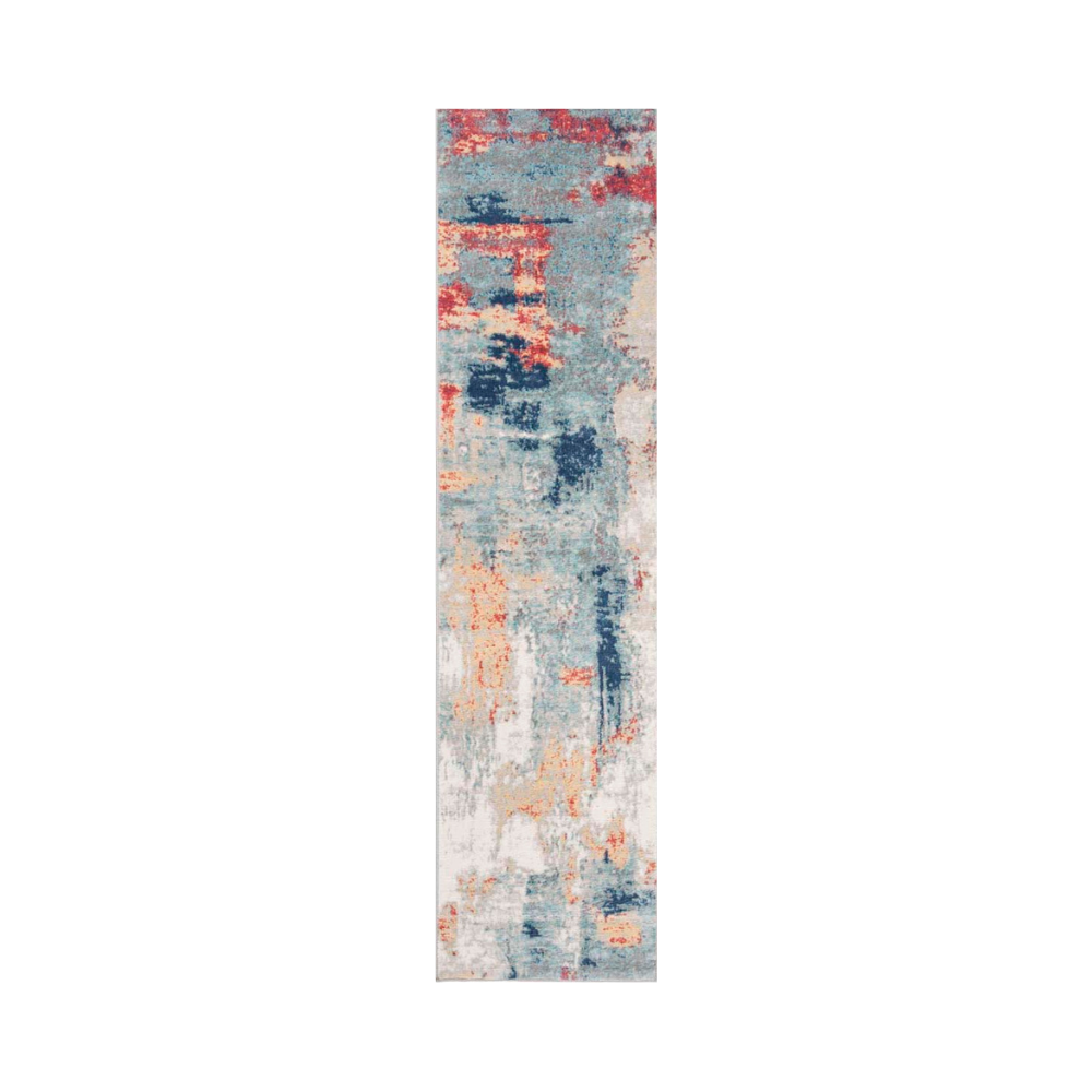 Long abstract washable rug in blue, red, and beige for modern spaces.