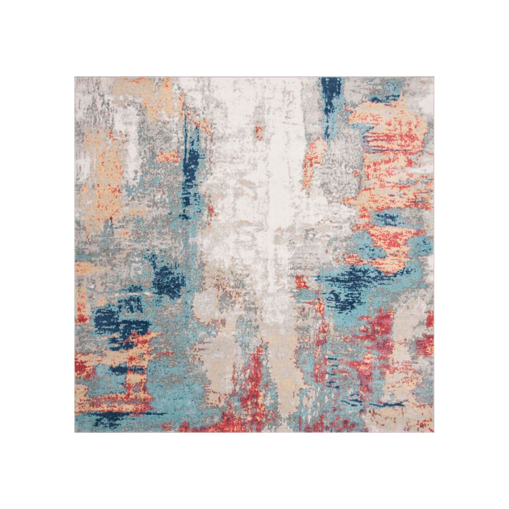 Square abstract washable rug in calming blue, red, and beige colors for stylish decor.