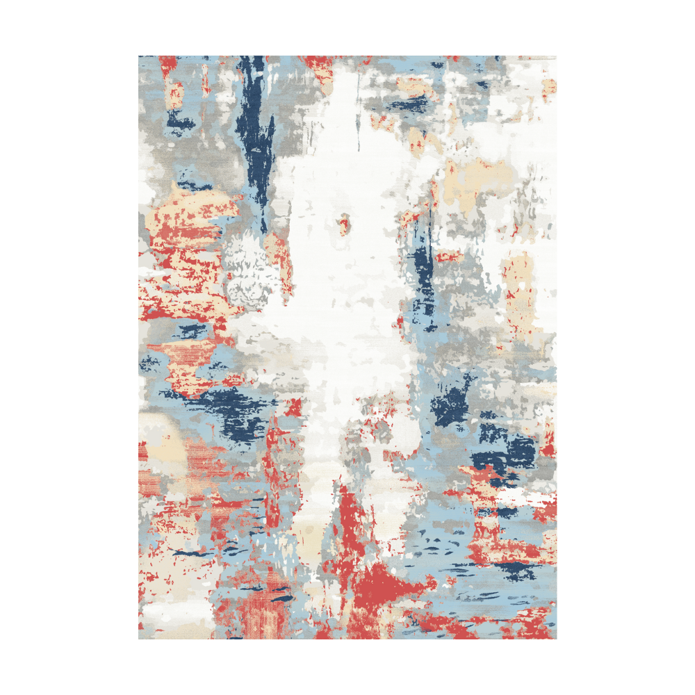 Abstract washable rug in blue, red, and beige patterns for modern decor