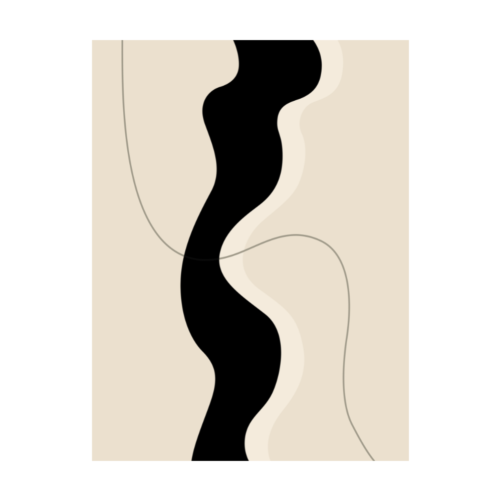 Modern abstract art print featuring black and beige flowing shapes.