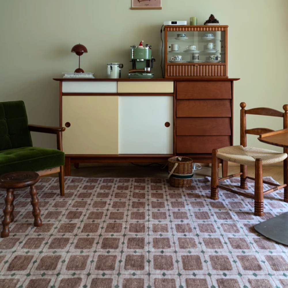 Perseus checkered rug enhancing a stylish living room with vintage decor