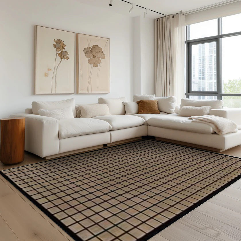 Leon Checkered Washable Rug in modern living room with neutral decor