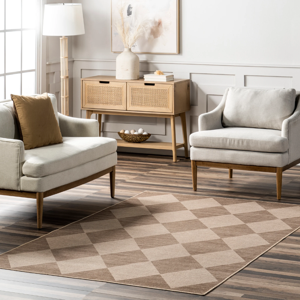 Xanthe beige checkered rug in stylish living room with modern furniture.