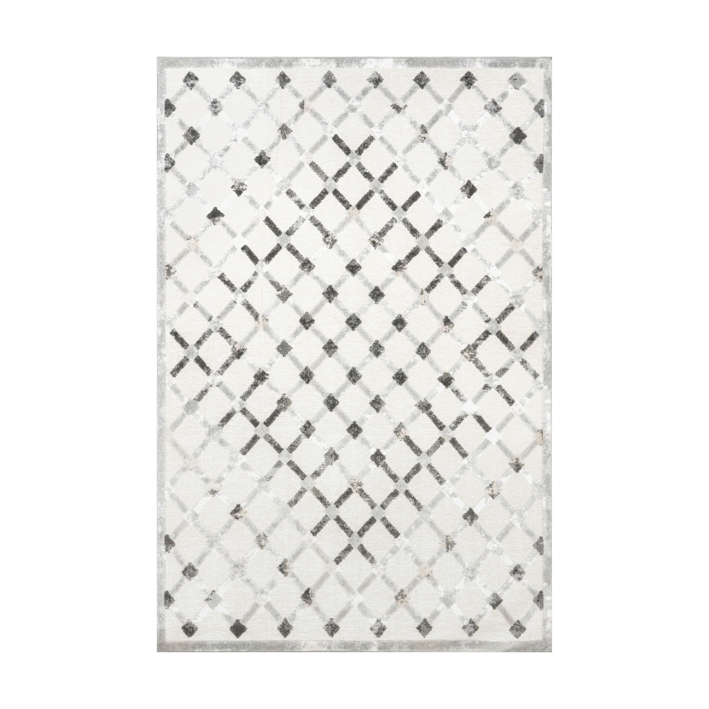 Elio Checkered Washable Rug in neutral tones with geometric pattern