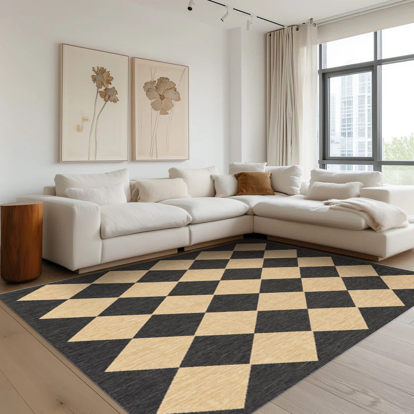 Damian checkered rug in black and beige, adding style to a modern living room.