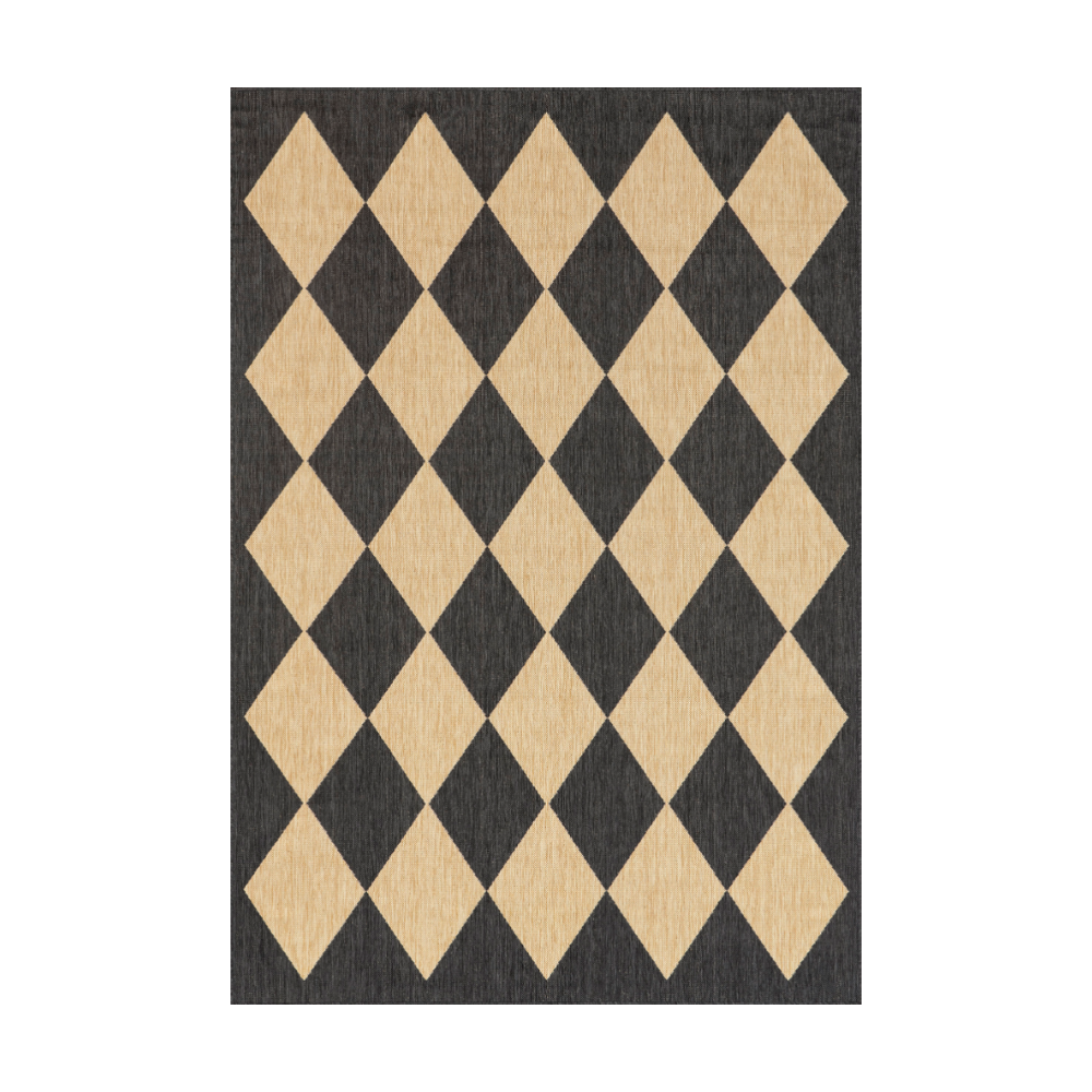 Damian checkered washable rug in black and beige diamond pattern