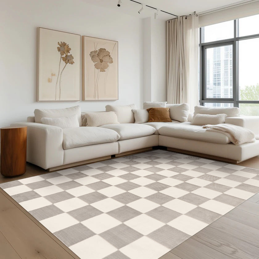 Gray and cream Elias checkered washable rug in modern living room