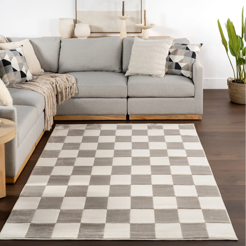 Elias Checkered Washable Rug in modern living room with gray and cream checkered design