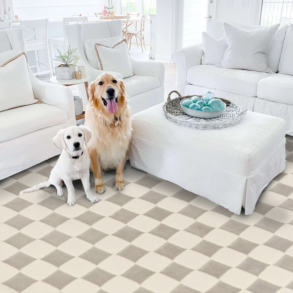 Beige and gray checkered washable rug with dogs in a cozy living room