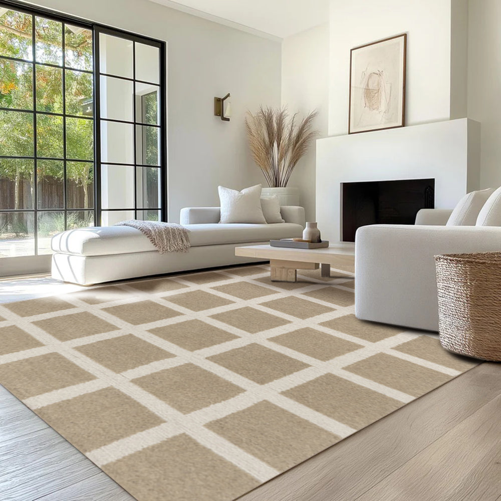 Lysander Checkered Washable Rug in beige grid design enhancing modern living room.