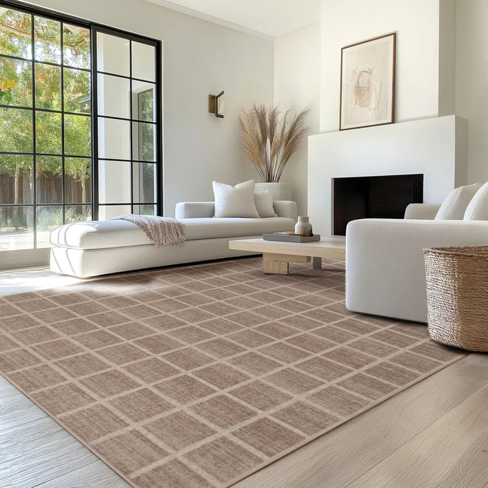 Beige checkered Marcellus washable rug in contemporary living room setting