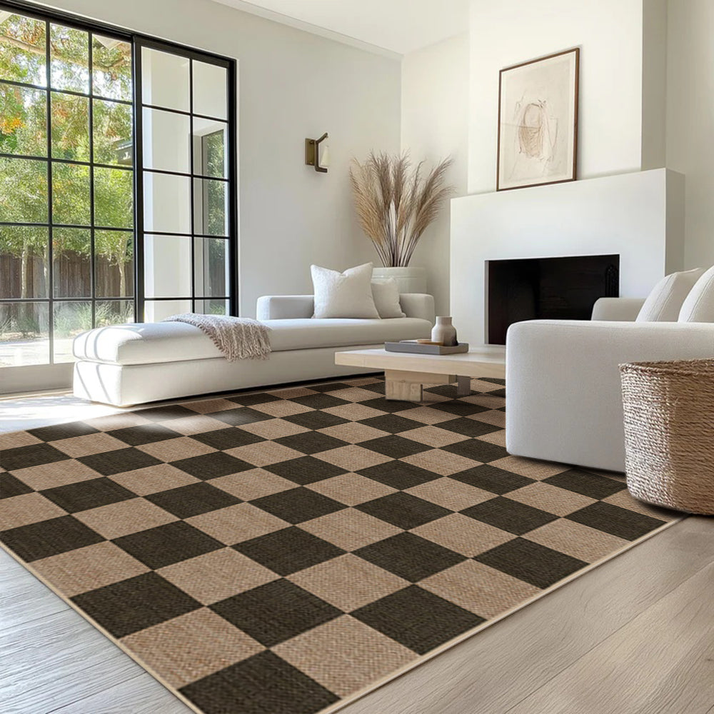 Brown and beige checkered rug enhancing a modern living room decor