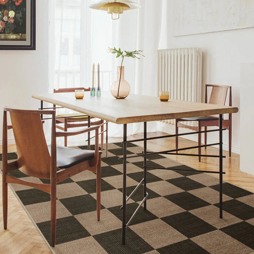 Allegra Checkered Washable Rug in a modern dining room setting