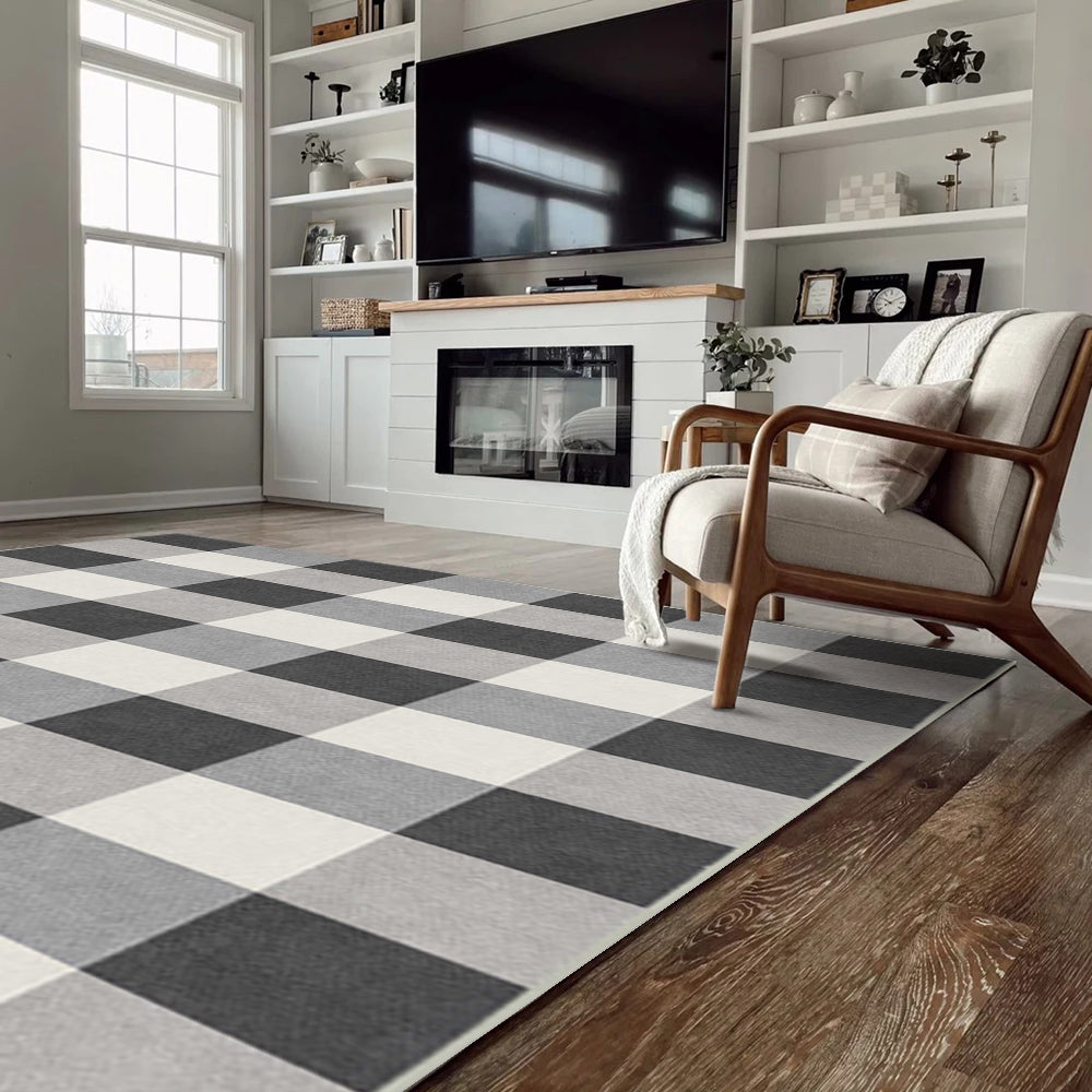 Gray and white Dorian checkered washable rug in stylish living room setting