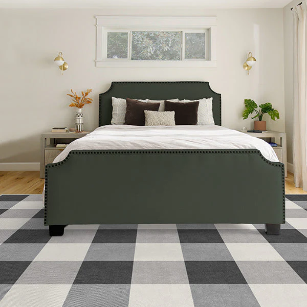 Dorian checkered gray and white washable rug enhancing modern bedroom decor