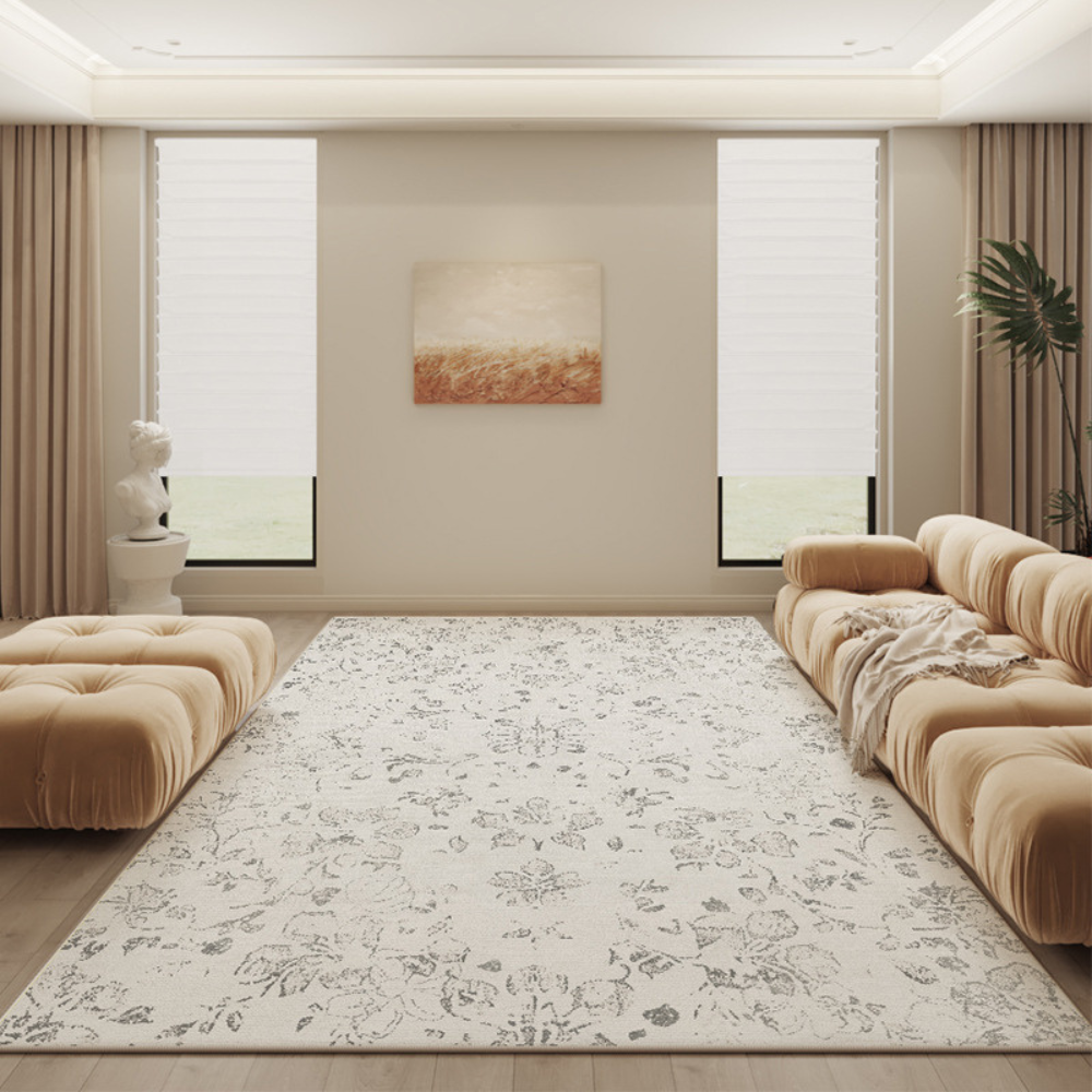 Elegant floral rug in white and gray, ideal for modern home interiors.