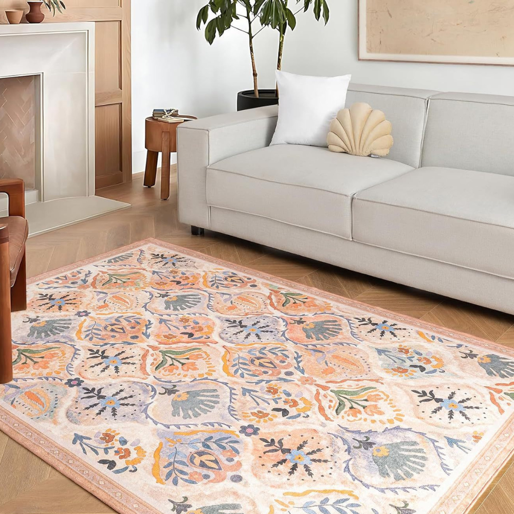 Floral pink rug in earthy tones, enhancing a modern living room decor