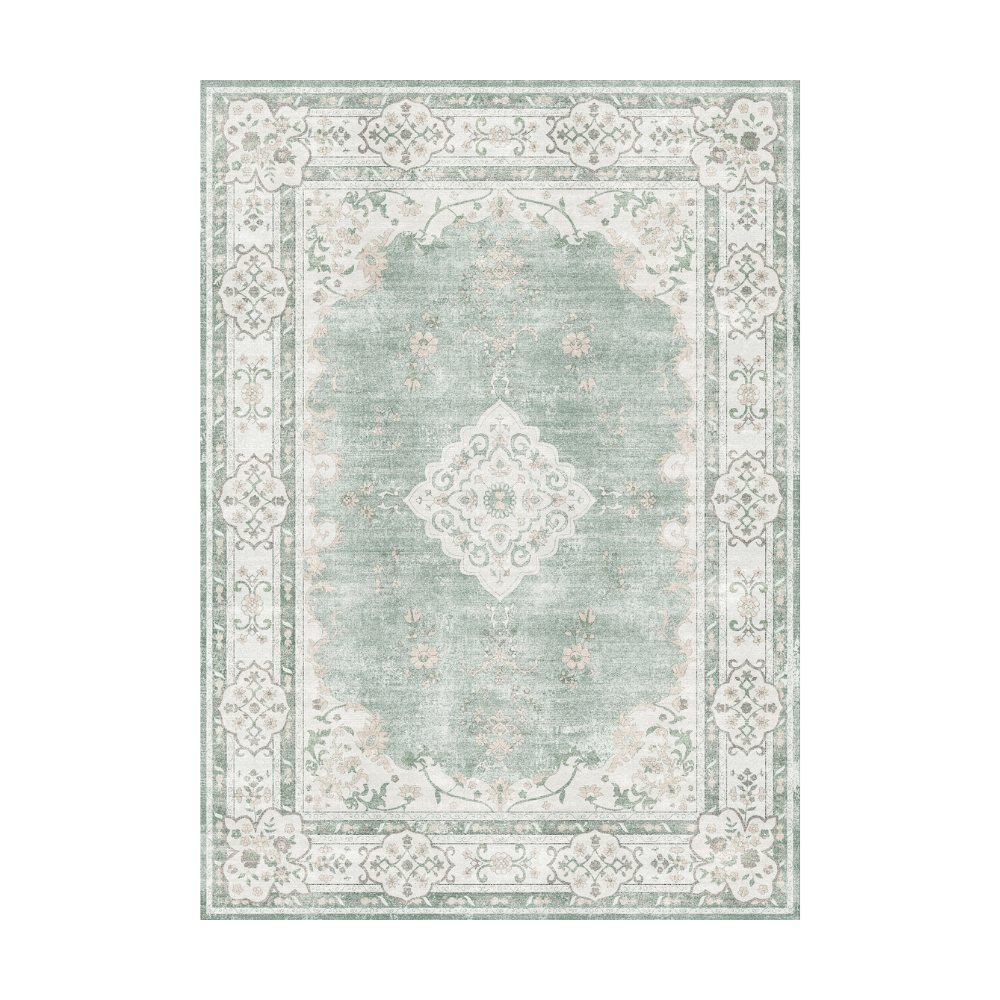 Serene Stream vintage rug in soft green with floral design and ornate border