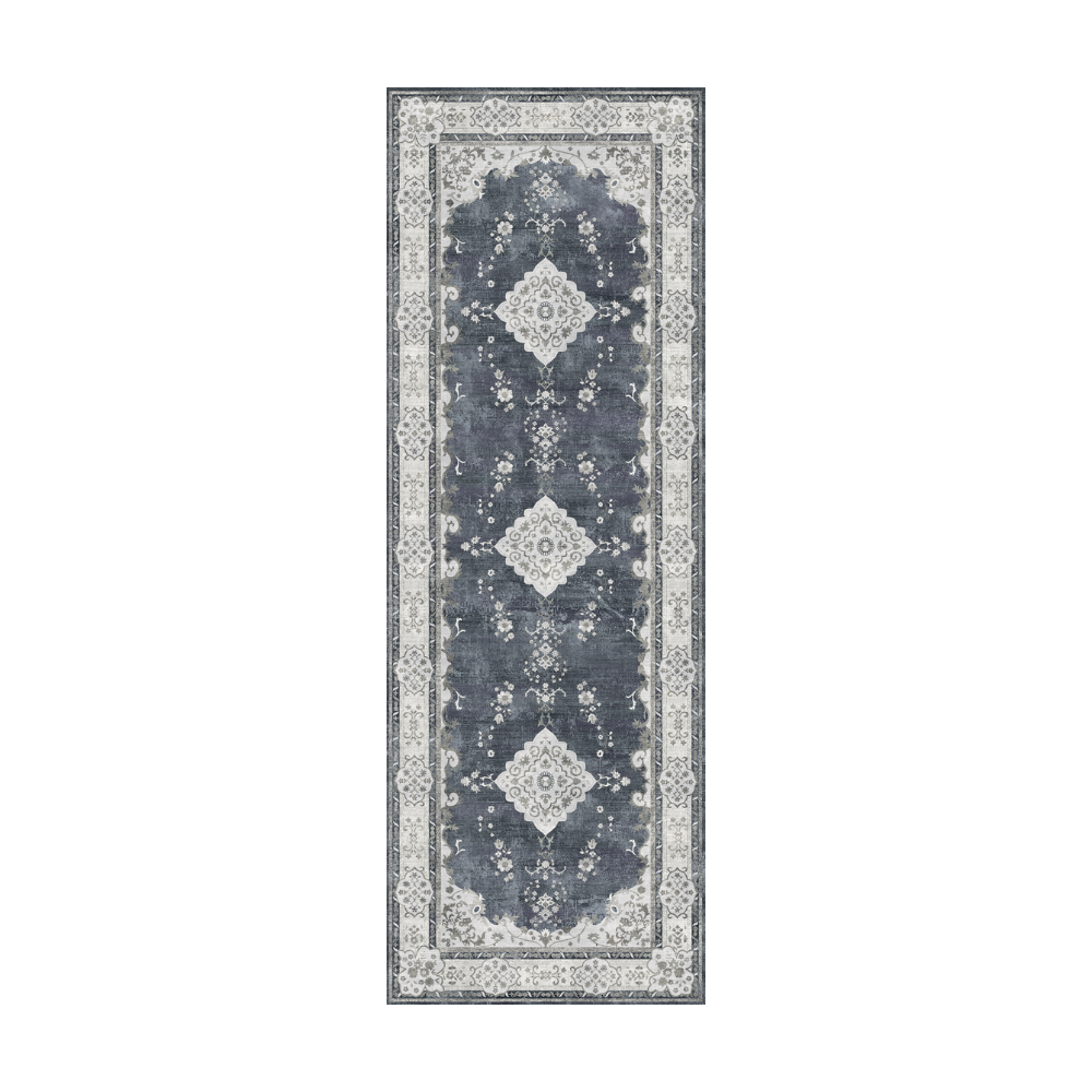 Navy blue vintage runner rug with floral motifs and ornate borders.