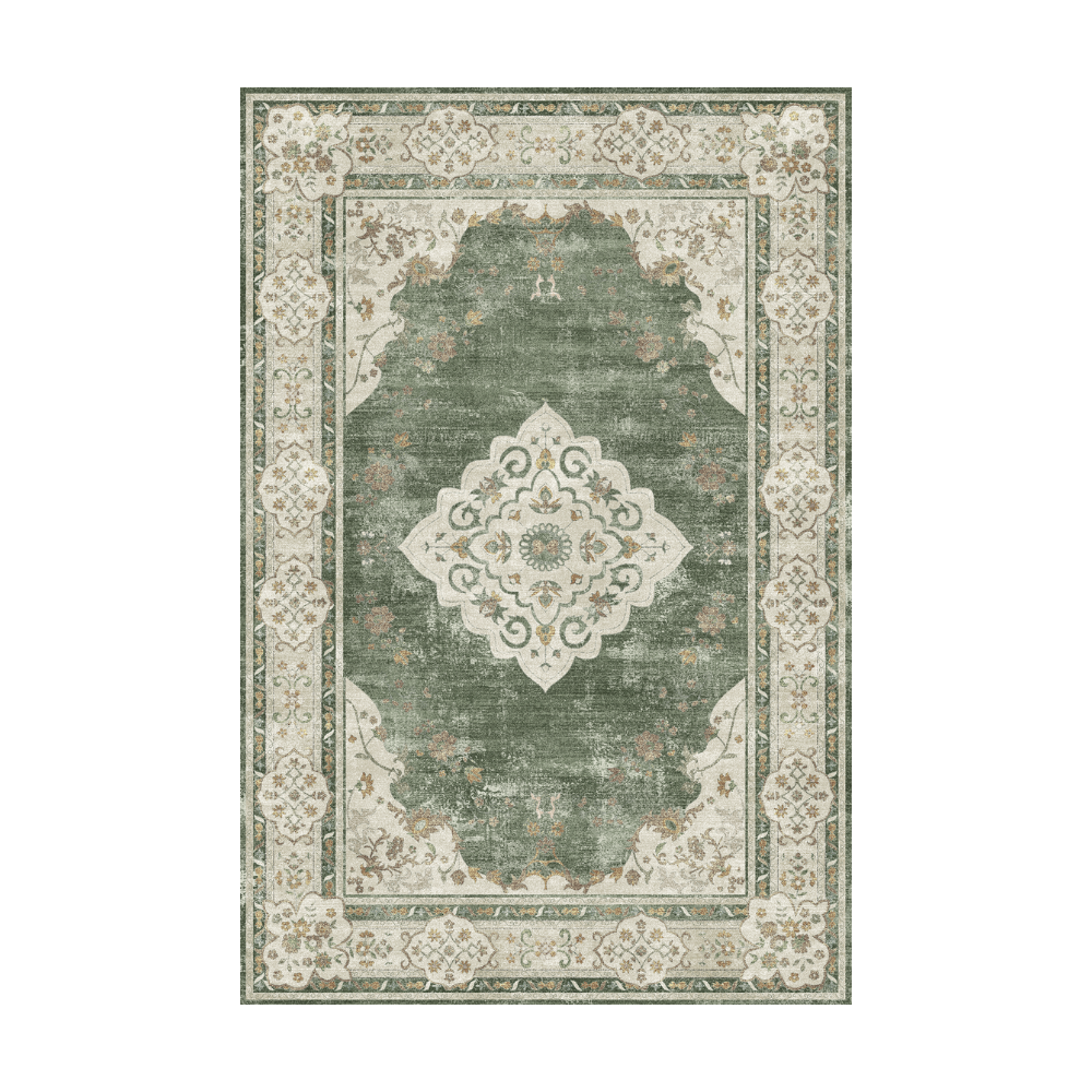 Glowing Stream Vintage Rug in green and cream with diamond pattern