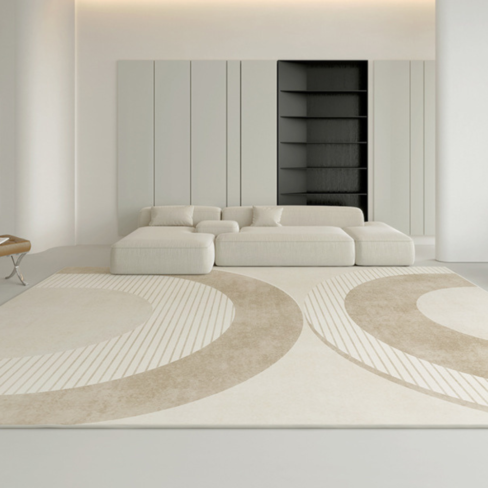 Beige geometric rug in modern living room decor with curved patterns.