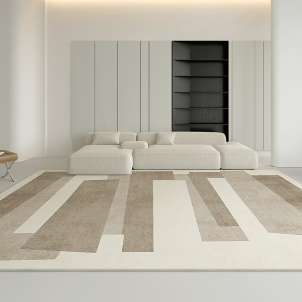 Modern beige and taupe abstract rug enhancing minimalist living room decor