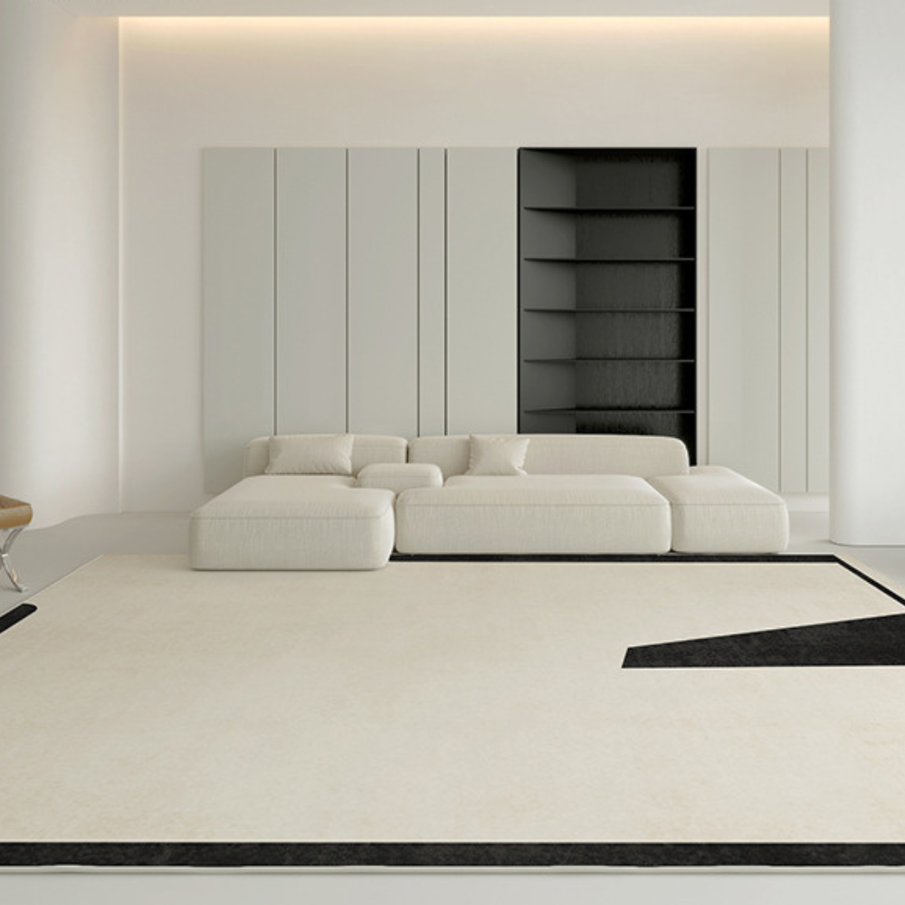 Beige and black abstract rug in modern living room setting