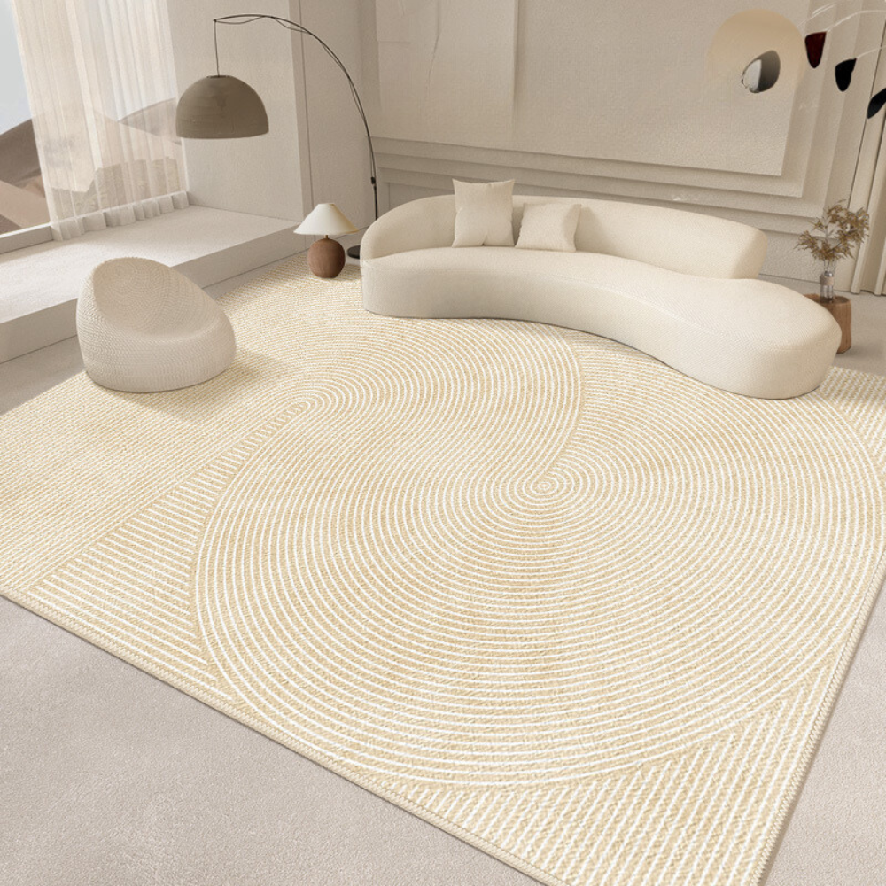 Beige rug with swirling lines in contemporary living room design