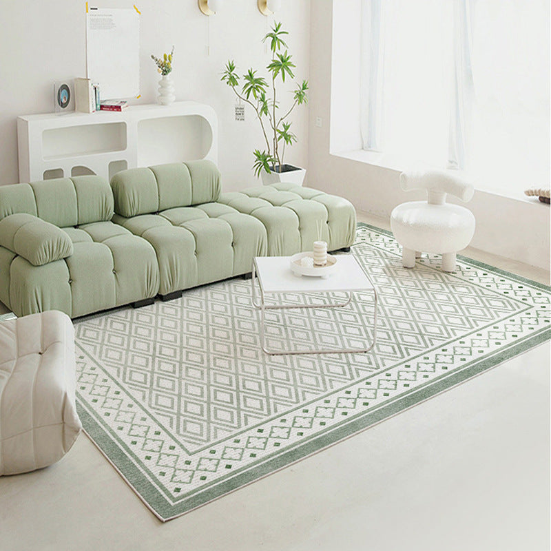 Geometric diamond pattern Fresh Green Stria washable rug in stylish living room