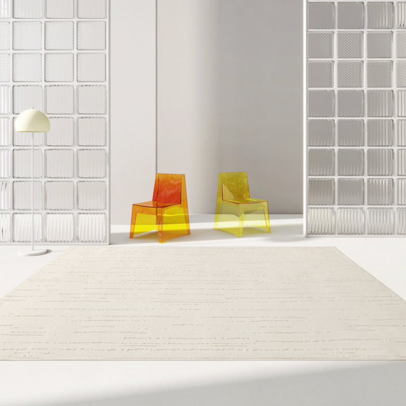 Ethereal Cream rug in a minimalist room with colorful transparent chairs